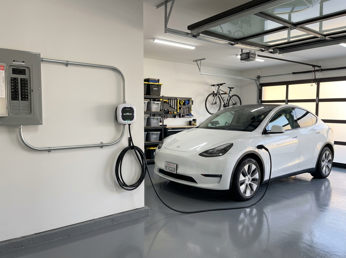 Home electric vehicle charging station installed in a residential garage
