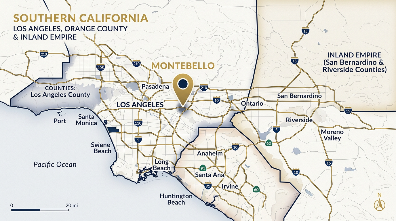 Map illustration of Los Angeles County, Orange County, and the Inland Empire service area
